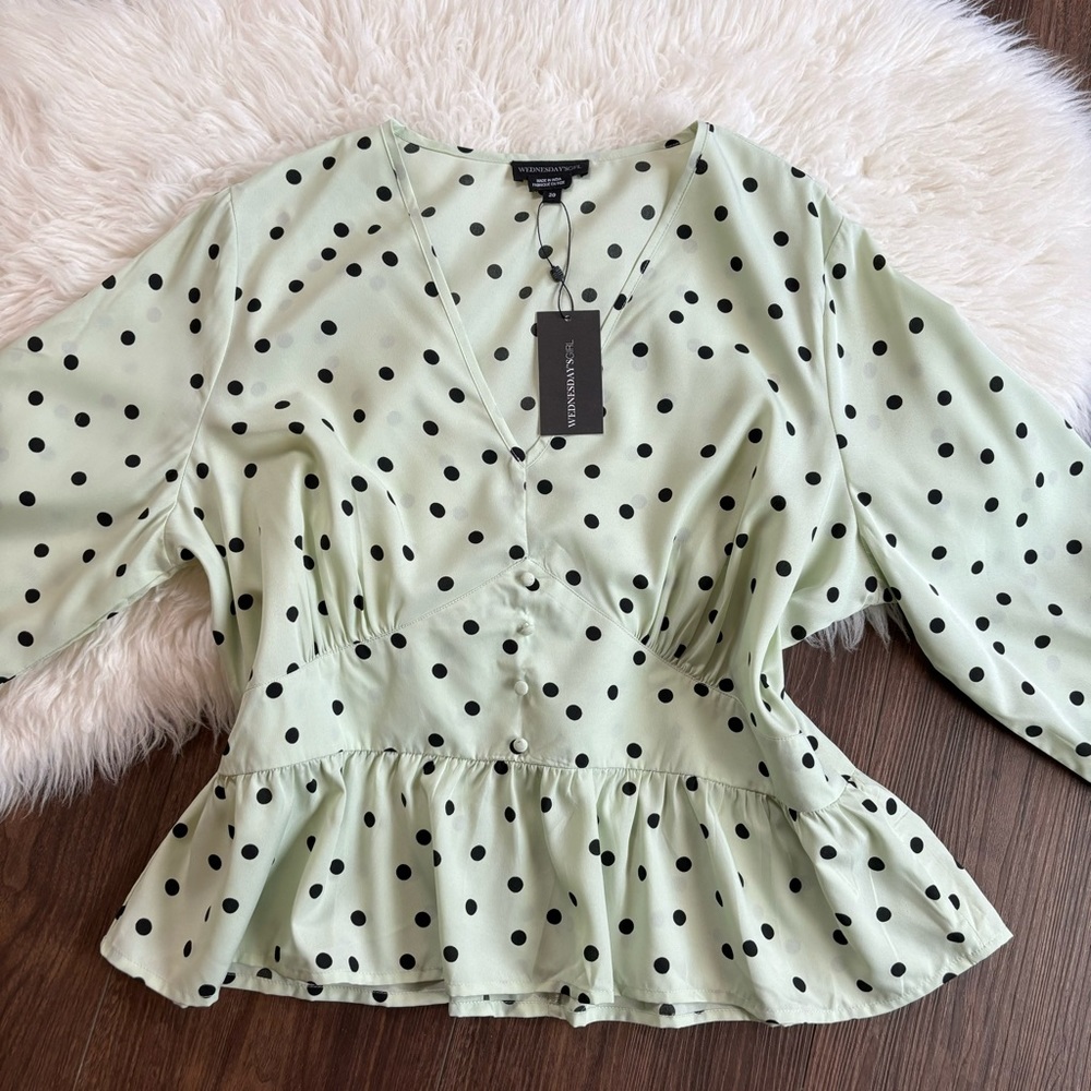Polka Dot V-Neck Blouse - Green